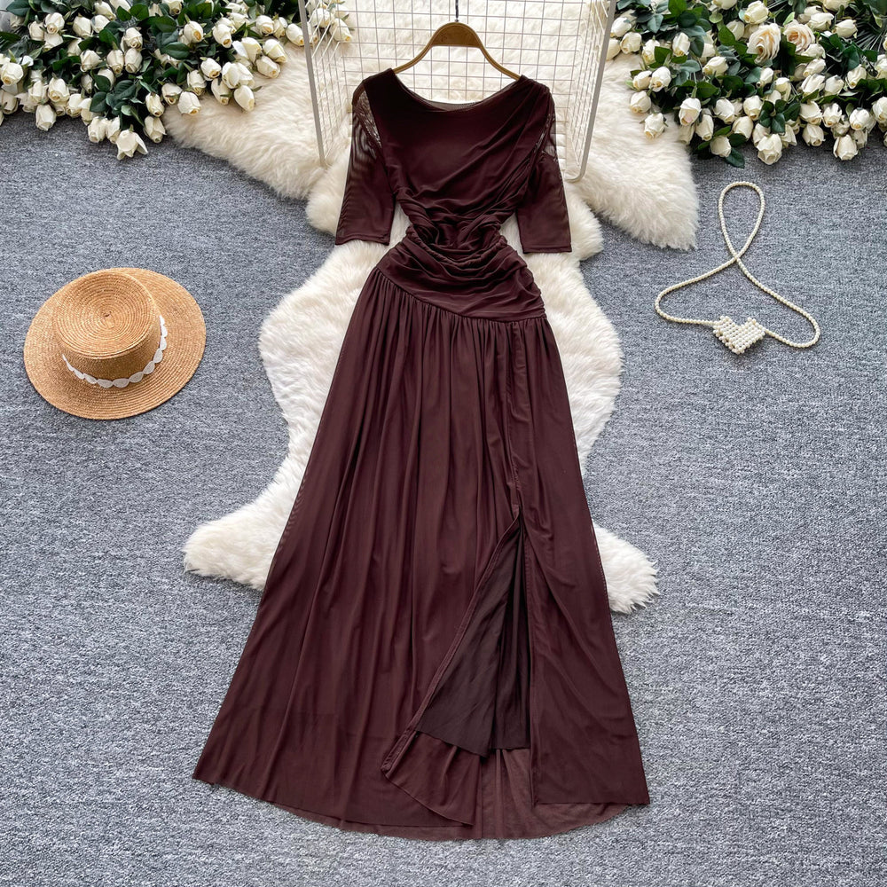 Hepburn style pink a-line slit long sleevesdress women's summer short-sleeved high waist pleated elegantelegance long skirt