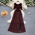Hepburn style pink a-line slit long sleevesdress women's summer short-sleeved high waist pleated elegantelegance long skirt