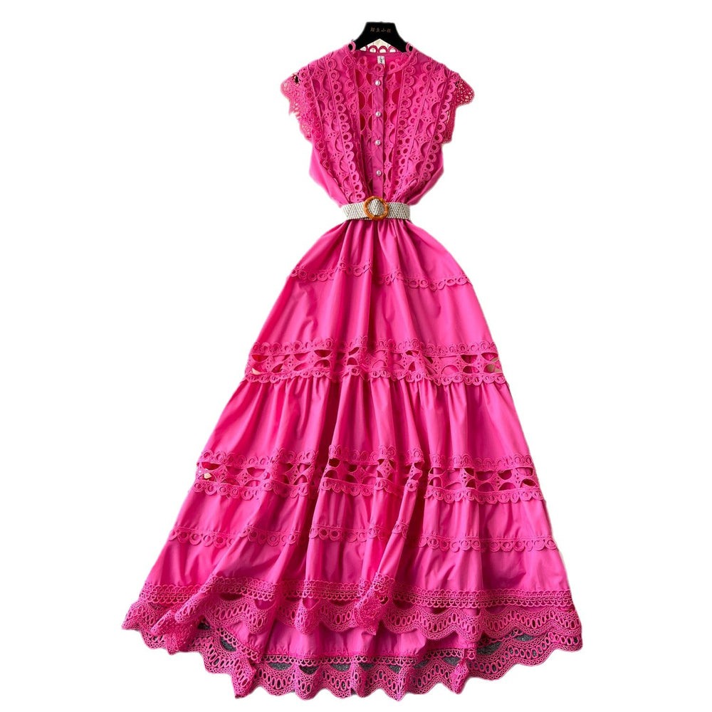 Palace retrofrenchlong dress women's fashionelegancecut outlacepatchwork sleeveless waist swing dress