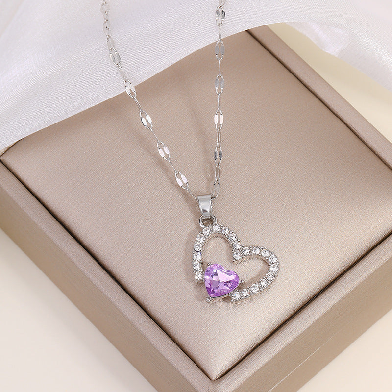 Sweater accessories necklace wholesale european and american cross-border jewelry women's fashion autumn and winter diamond-studded alloy light luxury double heart pendant