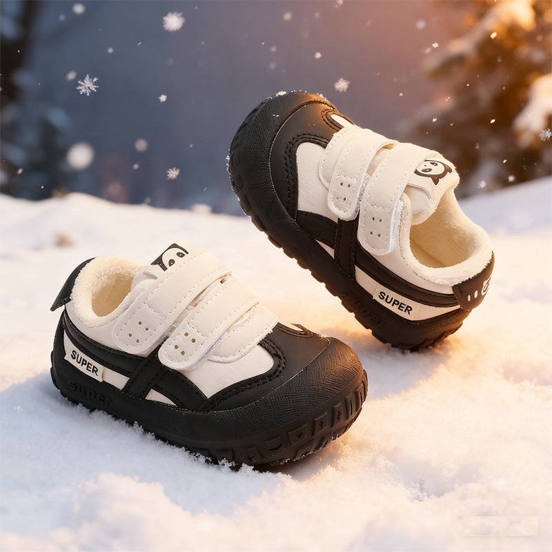 Baby boys' first walker shoes, soft sole kids' shoes, autumn/winter double-layer cotton shoes, casual toddler sneakers, anti-slip skate shoes for boys and girls