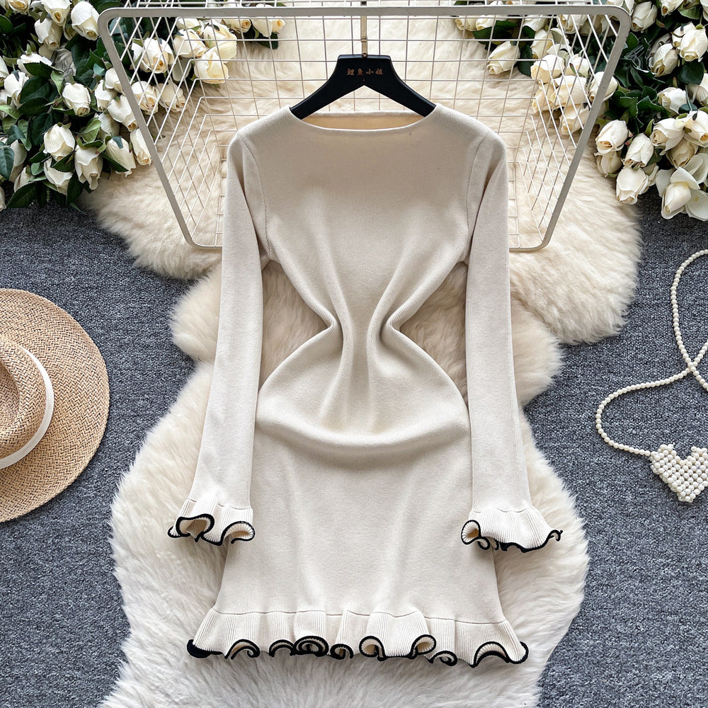 Premium inner layer autumn/winter sweater dress -  new sexy slimming ruffle long sleeve knitted dress