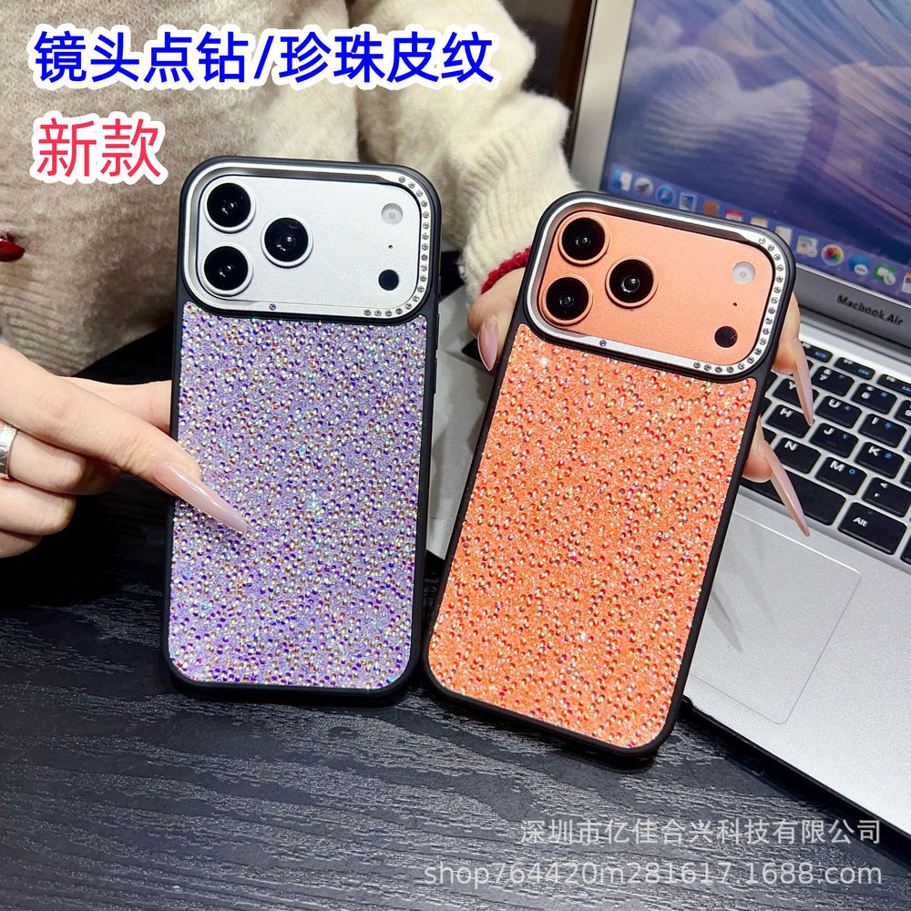 Suitable for iphone17promax large hole lens point drill mobile phone case apple 16/15p pearl leather pattern protective cover