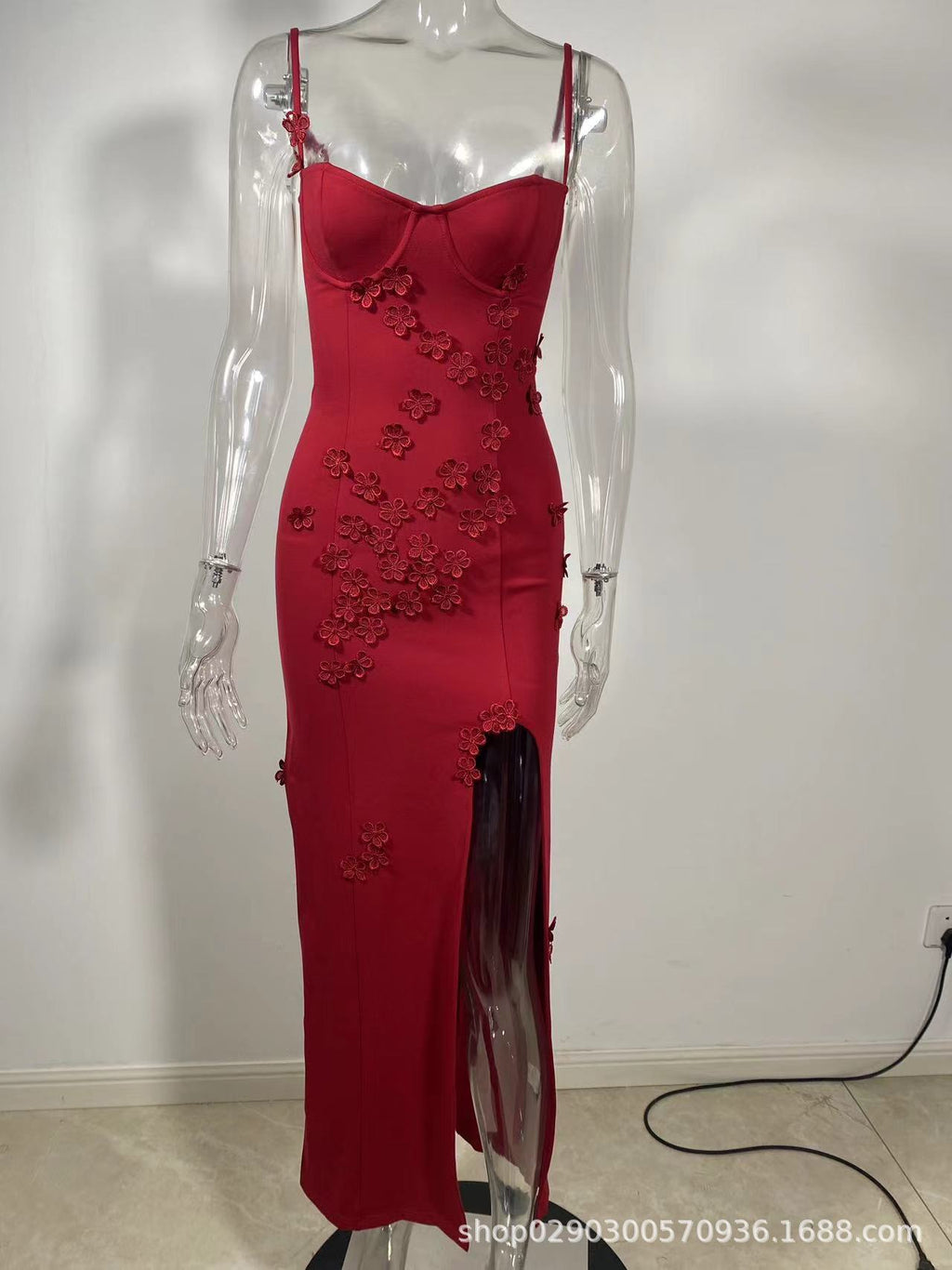 SDM112 autumn and winter European and American new suspender three-dimensional flower slit long dress party dress wholesale Dress