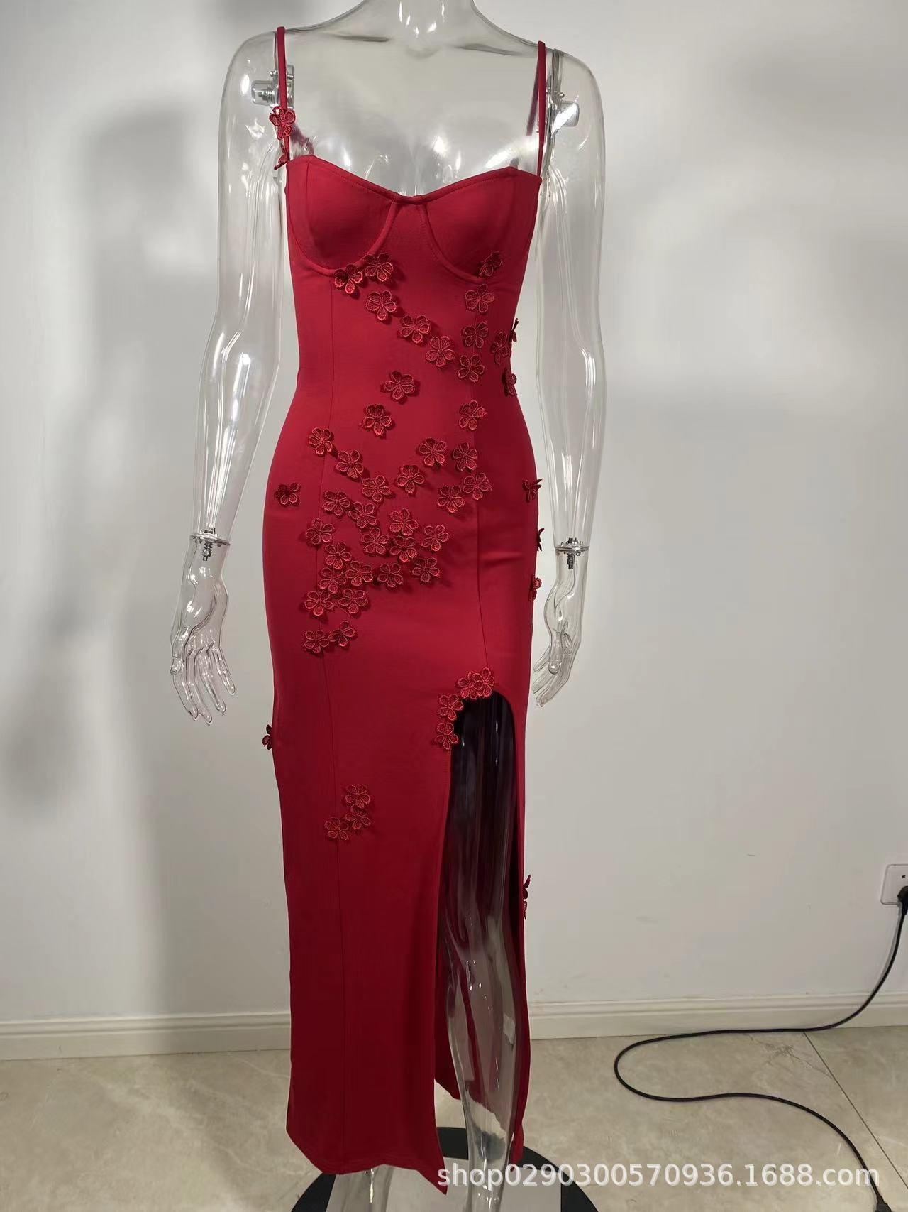 SDM112 autumn and winter European and American new suspender three-dimensional flower slit long dress party dress wholesale Dress