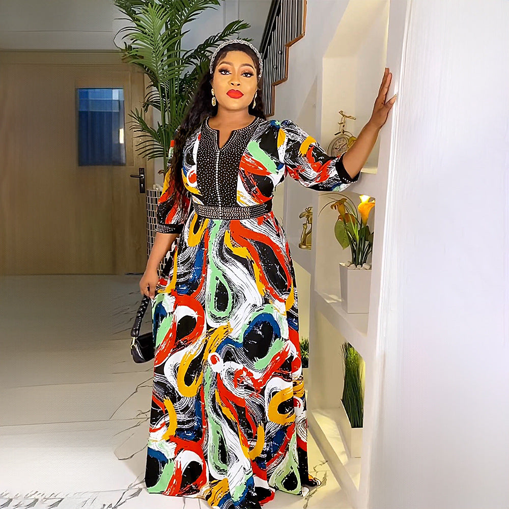 e-commerce   new print dress african plus size women's hotfix rhinestone beaded maxi dress