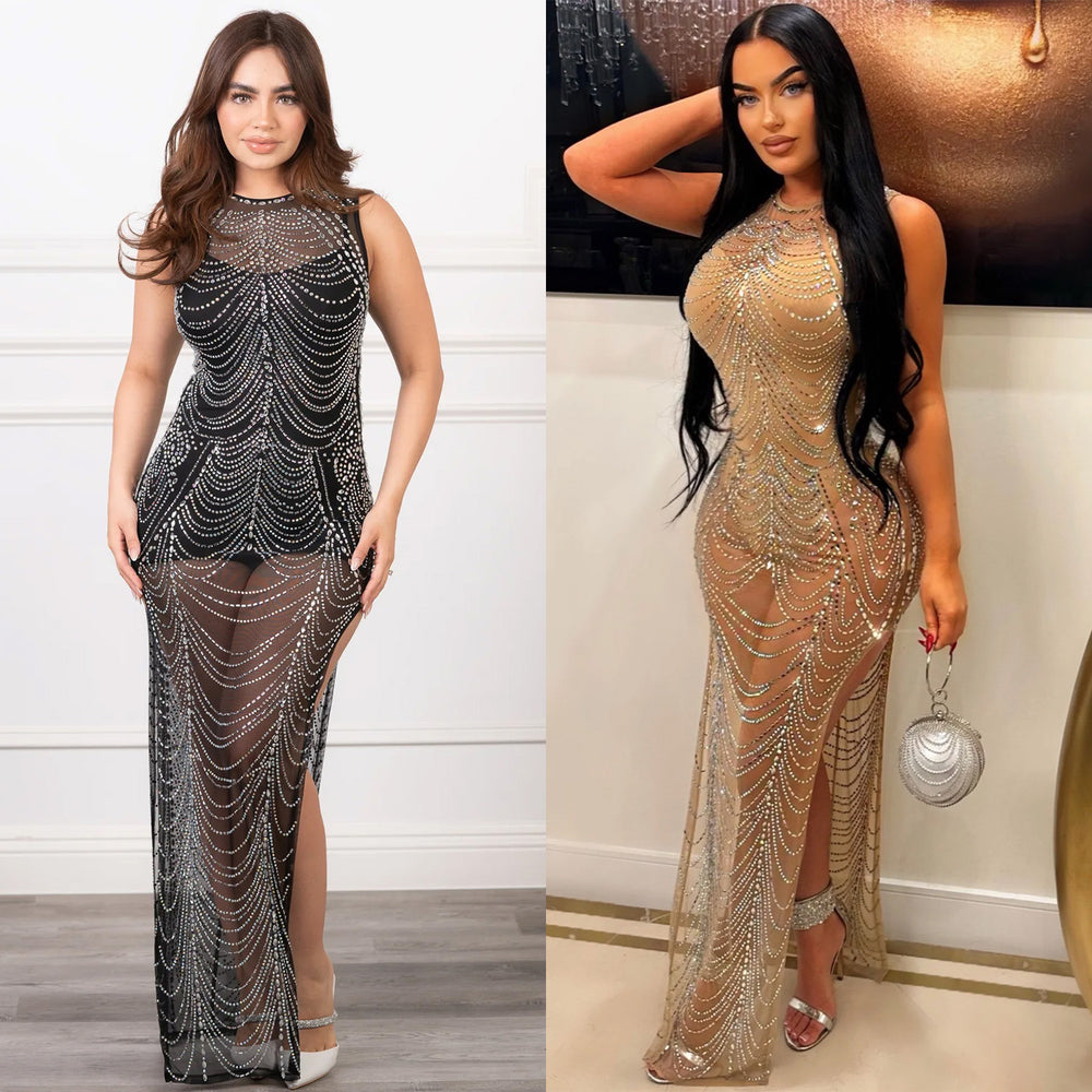 C6733 cross-border   fashion women's solid color mesh rhinestone sleeveless maxi dress