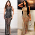 C6733 cross-border   fashion women's solid color mesh rhinestone sleeveless maxi dress
