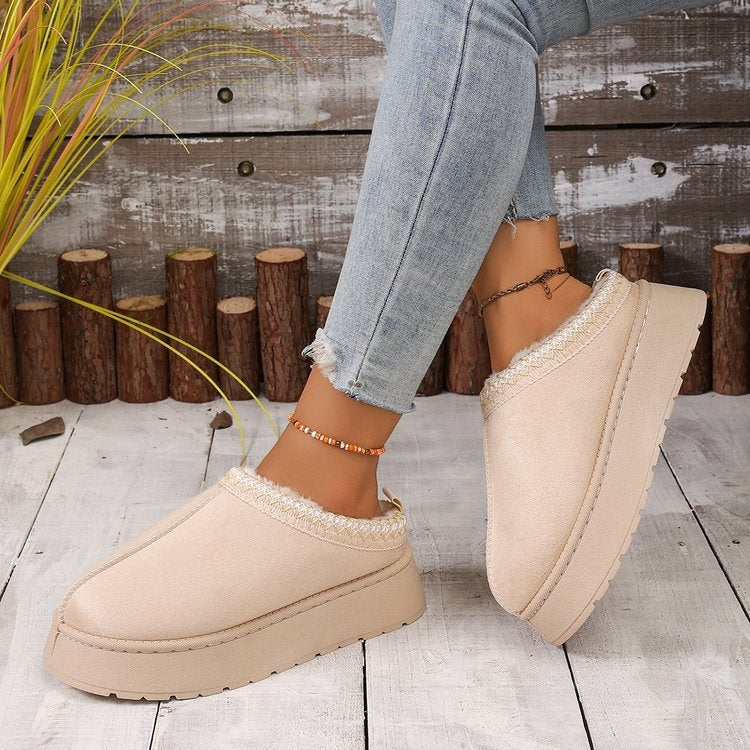 round toe suede rubber snow boots mid-heeled thick solefleece-linedheattech lace fashion cotton slippers for women