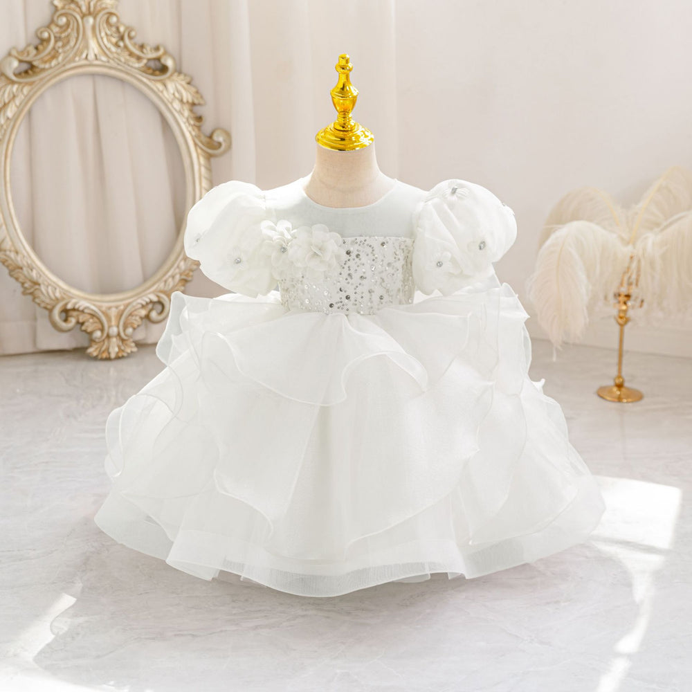 Ready-to-ship new bubble sleeve floral children's formal dress wedding princess gown baby girl party dress kids dress