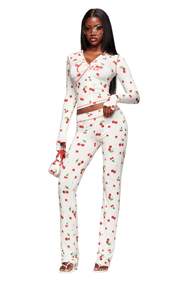 european and american style women's long-sleeved top and shorts set, featuring trendy digital prints, blair-style cuffed joggers, and a two-piece design