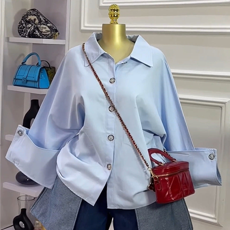 European and american cross-border women's fashion:  summer new arrival - stylish, high-end, collared, loose-fit, blue long-sleeve shirt top
