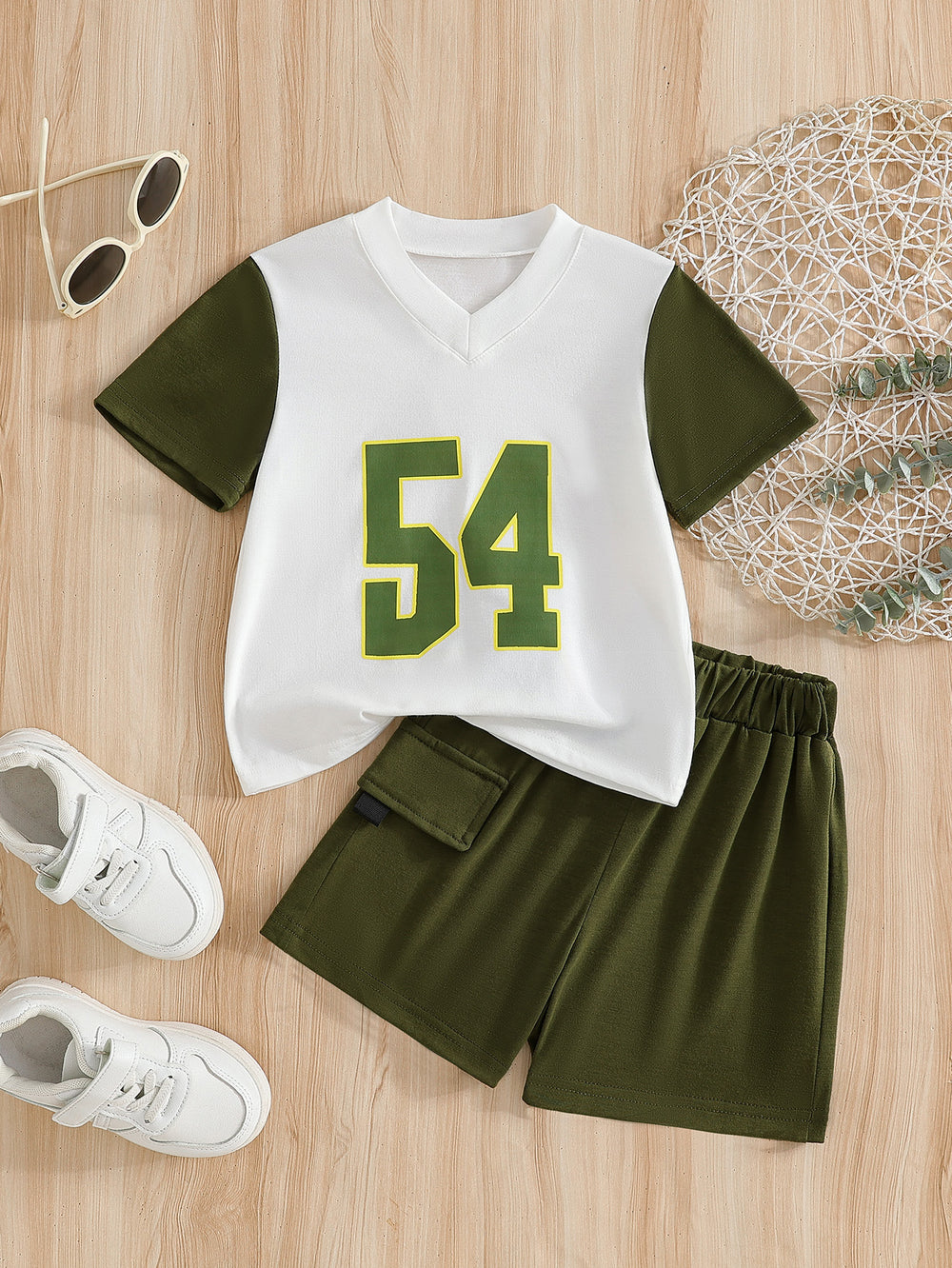 kids' summer outfit: letter print military green patchwork t-shirt and shorts set - unisex sporty two-piece