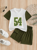 kids' summer outfit: letter print military green patchwork t-shirt and shorts set - unisex sporty two-piece