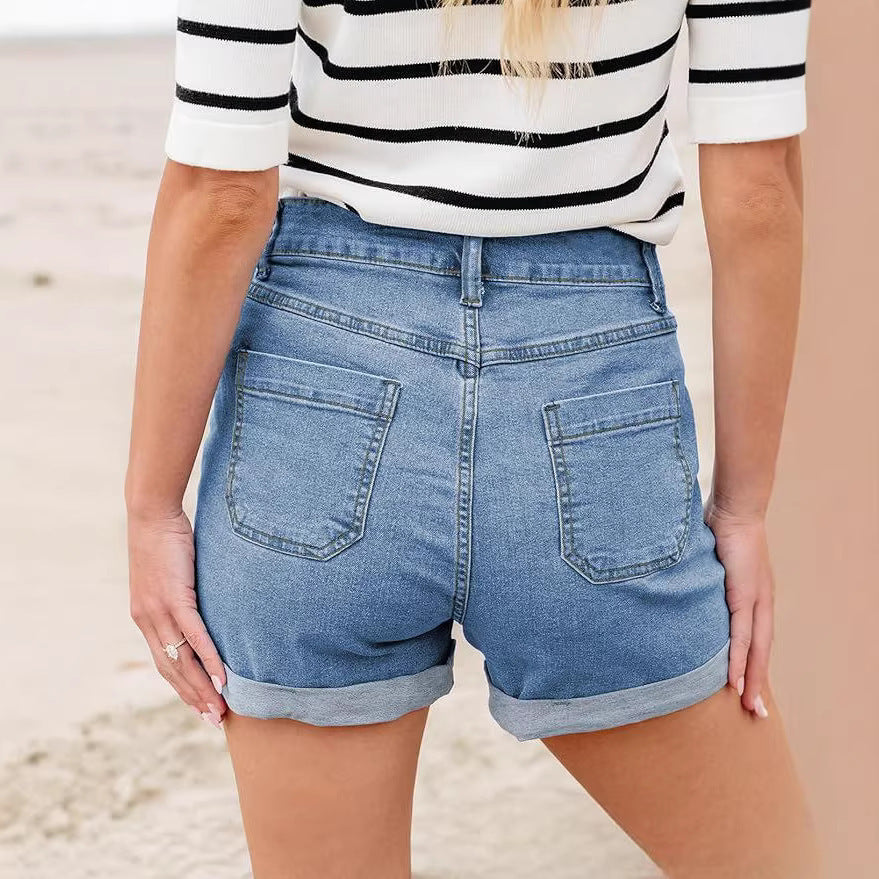 e-commerce  american style buttoned high waist cuffed denim shorts women's silmslimming look hip-covering hot pants standard code