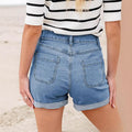 e-commerce  american style buttoned high waist cuffed denim shorts women's silmslimming look hip-covering hot pants standard code