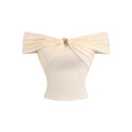 Amazon cross-border niche off-white off-shoulder short-sleeve top for women - fashionable metal buckle slim-fit cropped t-shirt
