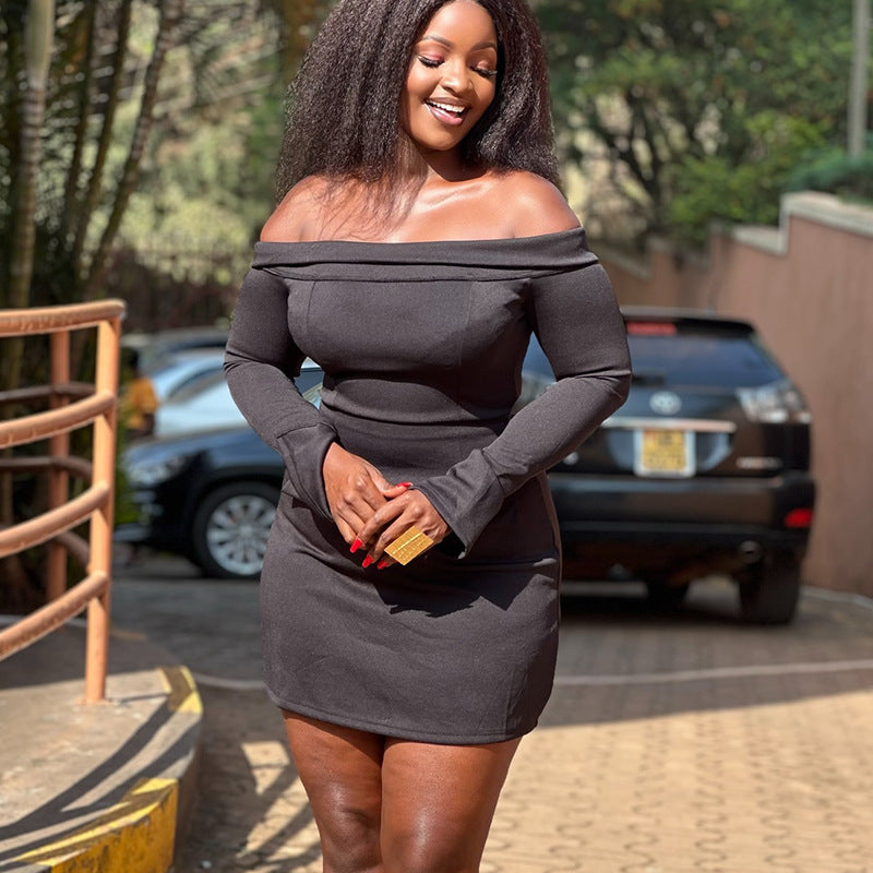 European and american women's clothing  autumn new collection: sweet and fresh off-the-shoulder long sleeve high-waisted slimming bodycon mini dress
