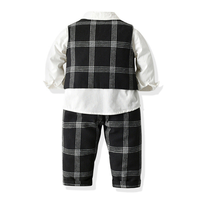 Boys' spring/autumn outfit set: baby boy plaid vest, korean style children's first birthday dress, boys' suit