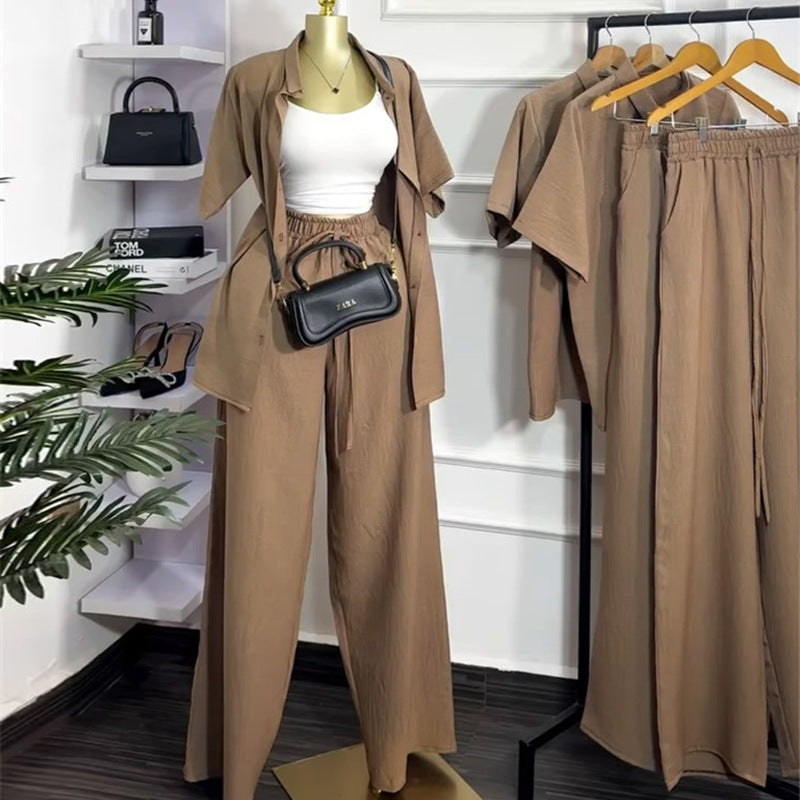 European and american cross-border women's clothing  summer new arrival: casual turn-down collar loose-fit short sleeve shirt and wide-leg pants fashion set