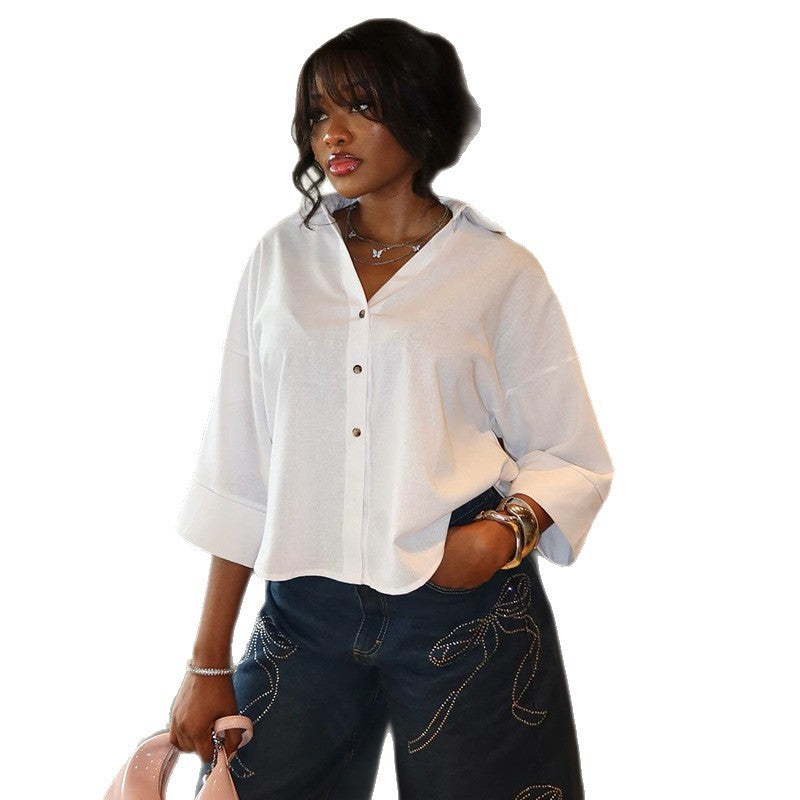 European and american cross-border women's clothing:  summer new arrival - casual turn-down collar, loose fit, versatile, designer striped shirt top