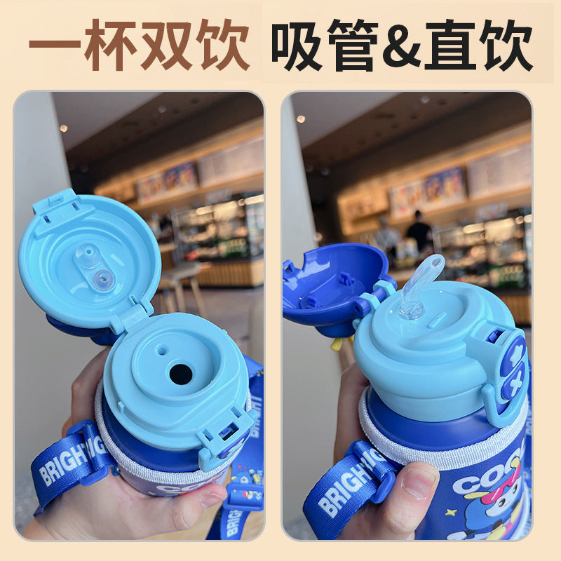 Double-drink kids' thermos cup - 316 stainless steel, food-grade, cute cartoon design, student straw cup