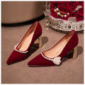 Red wedding shoes for women, new 2026 chinese style xiuhe dress pearl bridal high heels