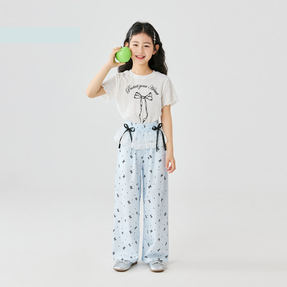 Girls' summer short-sleeve and pants set,  new style, kids' bowknot slim-fit two-piece set, comfortable children's clothing