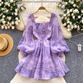 K-style lantern sleeve square collar printingdress women's summer waist small silm type a-line skirt work clothing short skirt