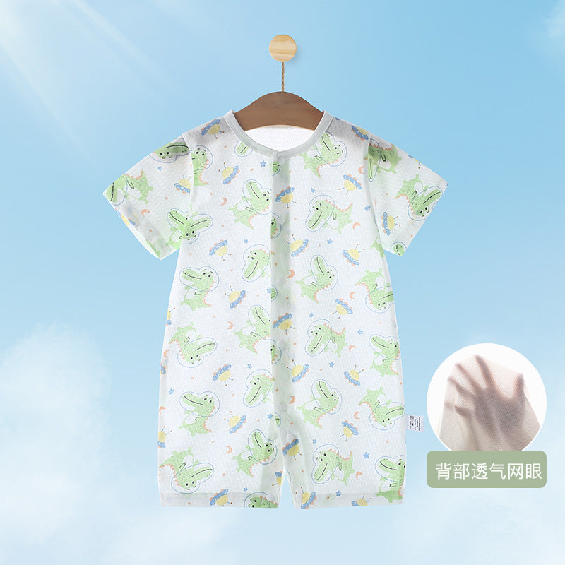 Baby short-sleeve snap-crotch romper, infant home air conditioning suit, breathable mesh crawling jumpsuit for 0-2 year olds