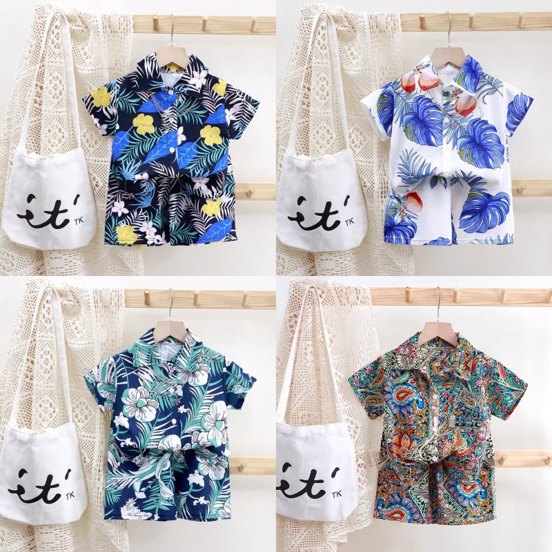 Boys' short-sleeve floral shirt beach vacation style summer baby short-sleeve top trendy shirt kids' shorts set