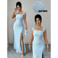 Women's summer elegant french romantic knitted lace textured high-slit slim-fit maxi dress