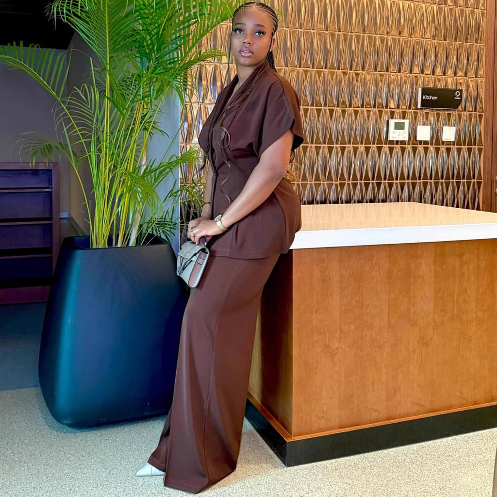 European and American fashion temperament, foreign style V-neck cardigan top, women's African high waist wide leg trousers, new women's clothing two-piece set