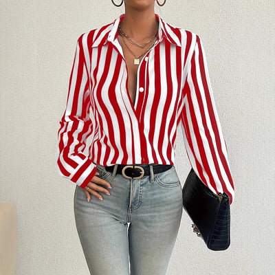 elegancestripesprintinglong sleevesshirtwomen'sfashion lapel button shirt women's shirt