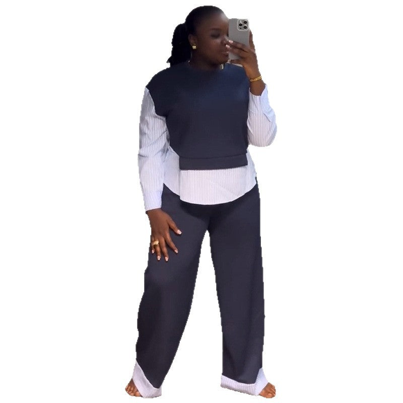 European and american cross-border women's clothing  summer new casual round neck faux two-piece sweatshirt high-waisted wide-leg pants set
