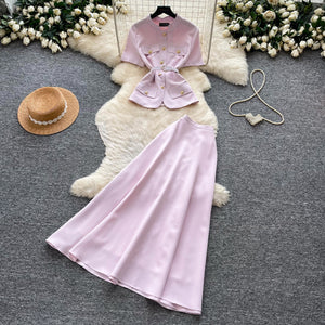 Light luxury work clothing style pink short-sleeved tops high waist skirt two-piece set female summer silmslimming looksuit