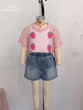 spring/summer new european and american style girls' hollow-out cardigan, solid color camisole + bowknot denim jeans three-piece set