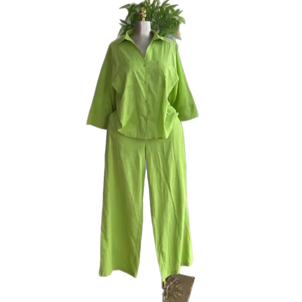 European and american cross-border women's fashion:  summer new collection - solid color, relaxed fit, turn-down collar shirt and wide-leg pants casual set