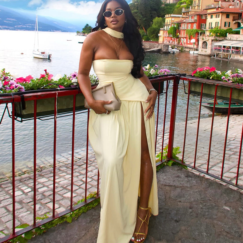 European and american cross-border women's fashion  summer new arrival: elegant halter neck bandeau yellow slit gift long dress