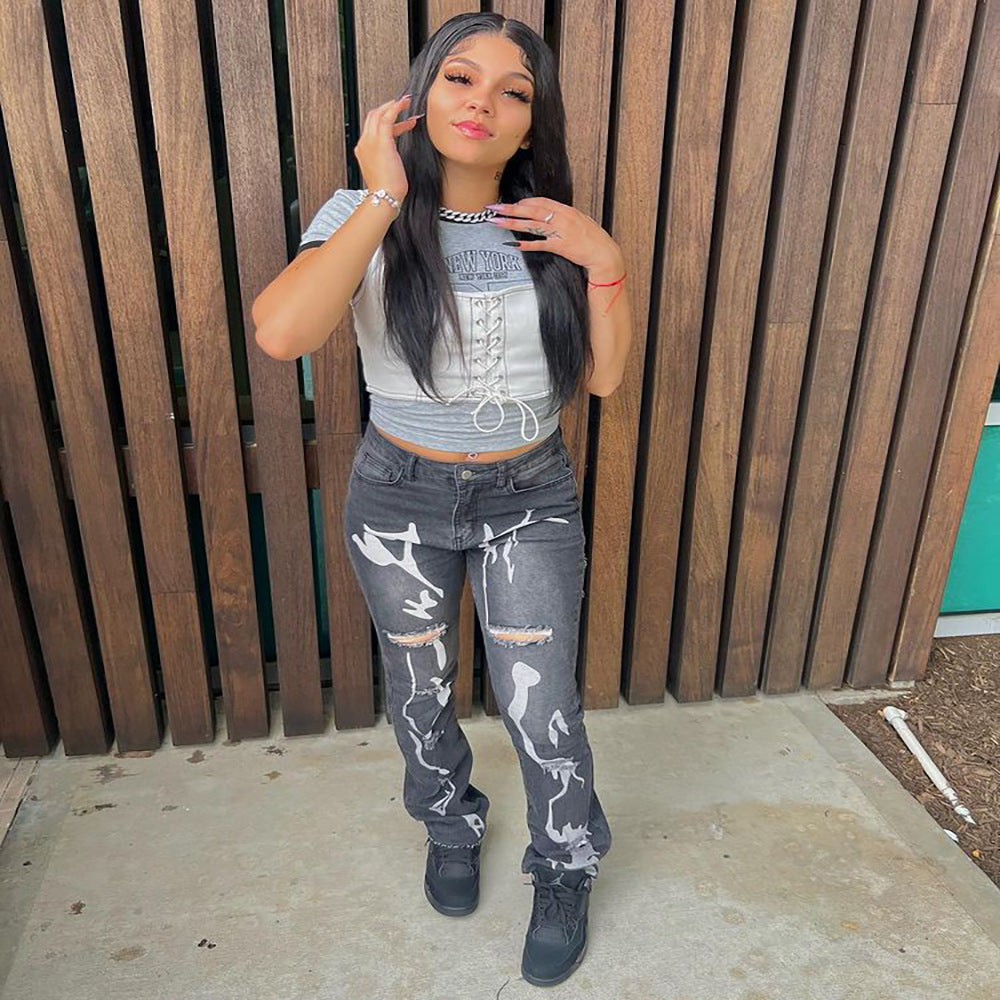 European and american cross-border women's fashion:  bestseller, streetwear-inspired printed slim-fit distressed stretch high-waisted jeans