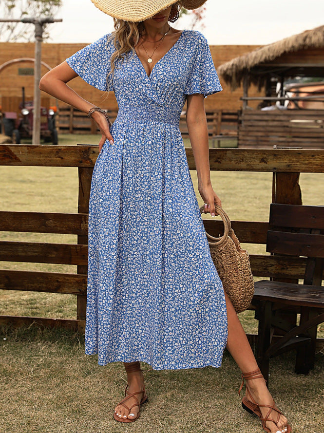 european and american cross-border hot seller:  summer new arrival - digital print short sleeve v-neck casual printed dress