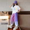 Girls' short-sleeve  summer new collection: long pants & t-shirt two-piece activewear set for girls (mid-to-large size, perfect for sports & school)