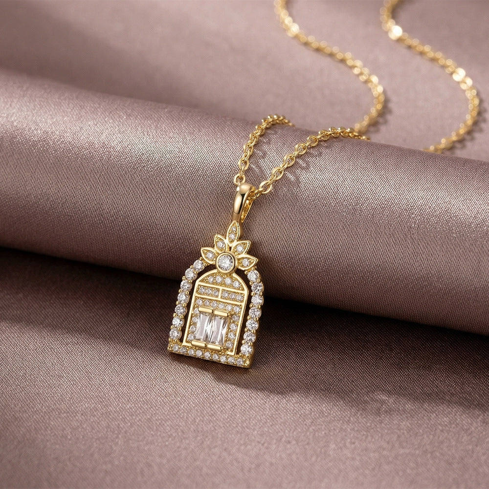 Popular copper inlaid with zirconium full diamond happiness door necklace for women summereasiest for matchfashion non-fading clavicle chain jewelry
