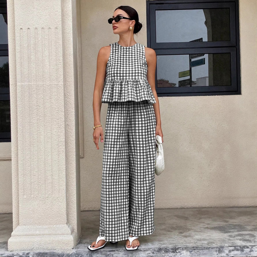 cross-border fashion: european & american  style - sleeveless round neck ruffle hem top with high-waisted straight-leg pants