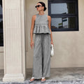 cross-border fashion: european & american  style - sleeveless round neck ruffle hem top with high-waisted straight-leg pants