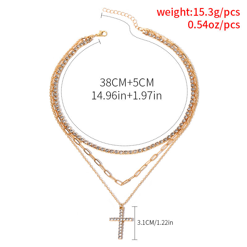 fashionnew arrival jewelry accessible luxury style diamond-encrusted necklace women's alloy cross stacked multi-layer necklace