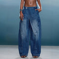 Fashionjeans women's asymmetrical cross placket loose pants washed distressed deconstructed drapedmop denim pants