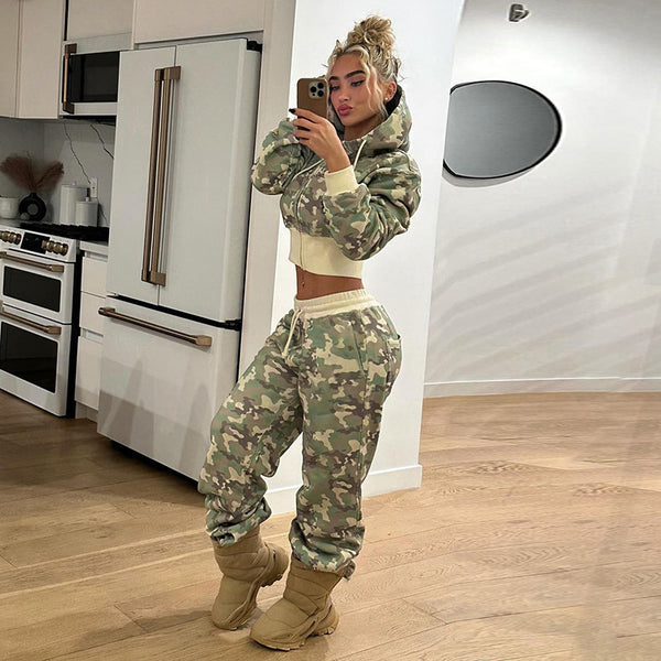 OL6186 American street contrasting color waist camouflage characteristic hooded sweater casual straight sweatpants fashion two-piece set