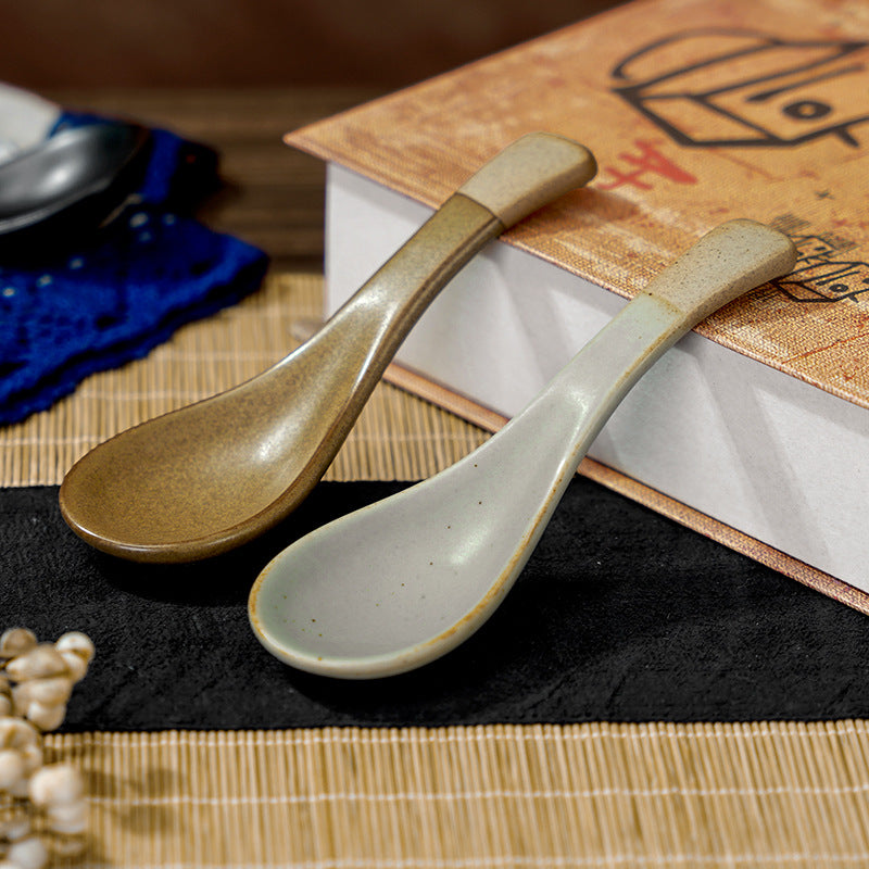 Creative kitchen ceramic tableware small spoon japanese retro cute high-value household spoon soup spoon rice spoon