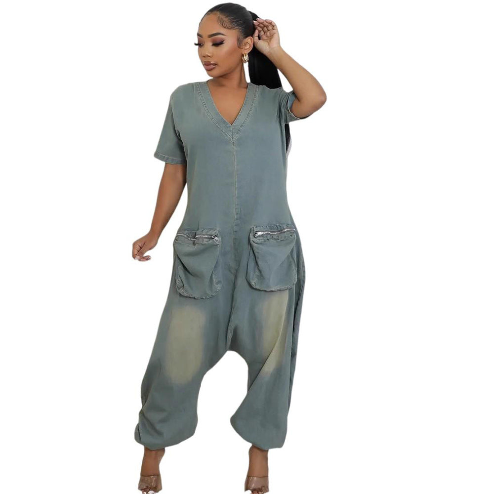 European and american style loose-fit jumpsuit -  cross-border women's fashion - unique, oversized pocket, washed denim romper